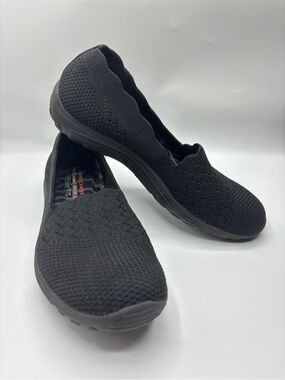 Skechers Seager Stat Black Knit Scalloped Slip On Comfort Flats Women’s 7.5